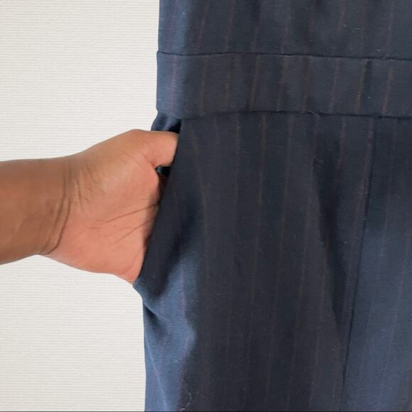 Zara Pinafore Midi Dress Womens Navy/Red Medium Pinstripe Overalls Casual Basic - Picture 4 of 8